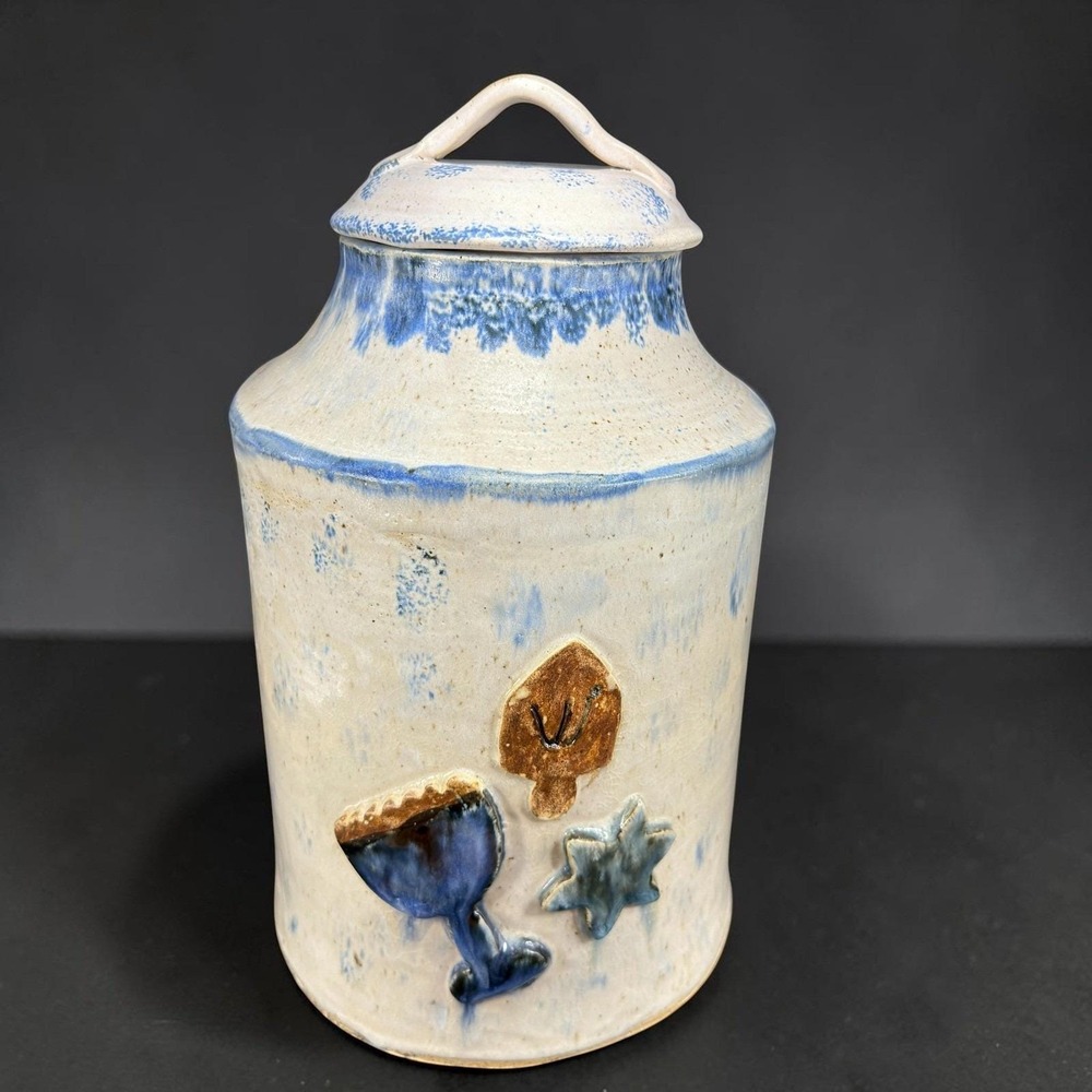 Brutalist Studio Pottery Canister Jar Handcrafted Drip Glaze 12in Tall Lid VTG